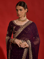 Thumbnail for Anouk Purple & Gold-Toned Floral Embroidered Pure Georgette Saree - Distacart
