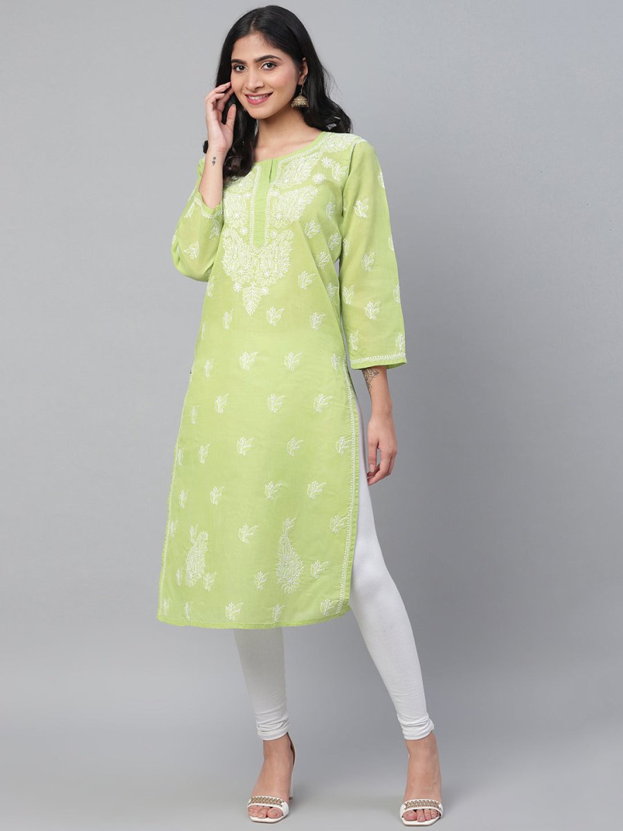 ADA Women Green & White Chikankari Hand Embroidered Straight Sustainable Handloom Kurta - Distacart