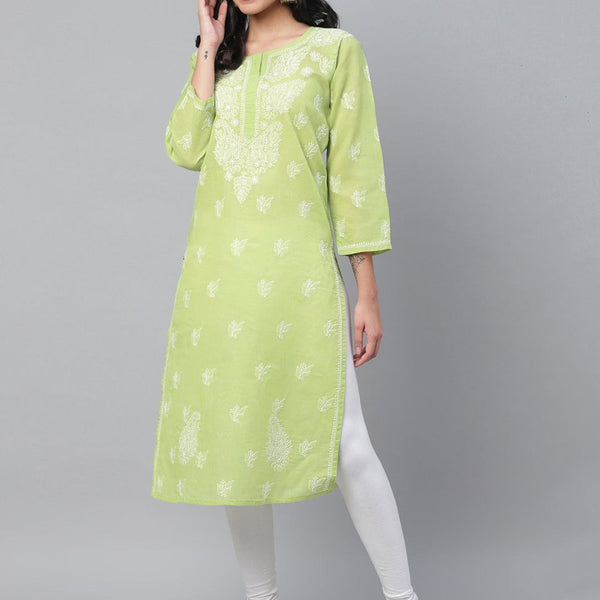 ADA Women Green & White Chikankari Hand Embroidered Straight Sustainable Handloom Kurta - Distacart