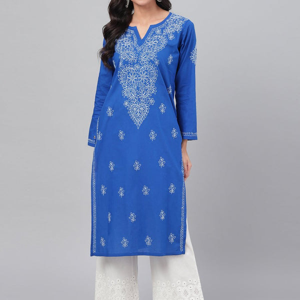 ADA Women Blue & White Chikankari Hand-Embroidered Straight Sustainable Handloom Kurta - Distacart