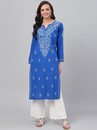 ADA Women Blue & White Chikankari Hand-Embroidered Straight Sustainable Handloom Kurta - Distacart