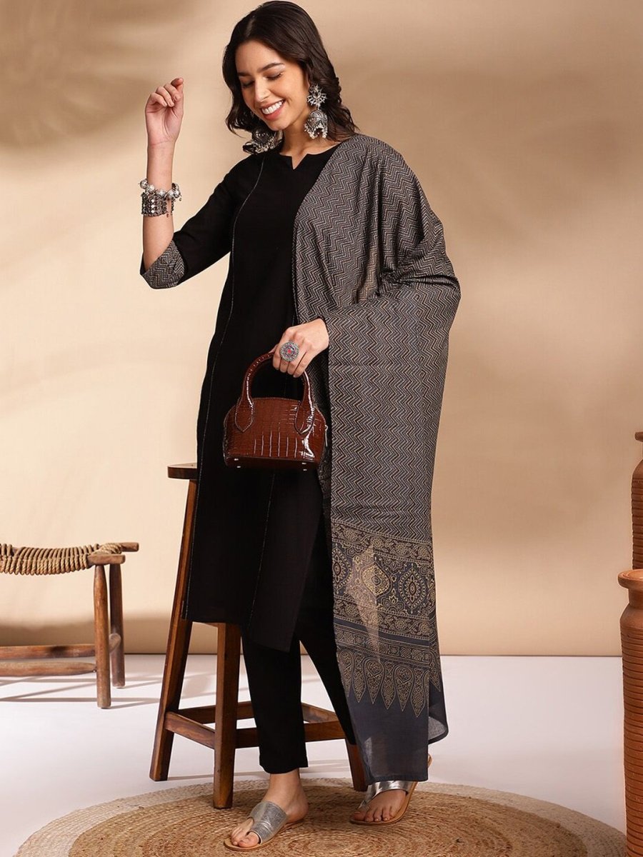 Anouk Contrast Cuff Kurta with Trousers & Dupatta