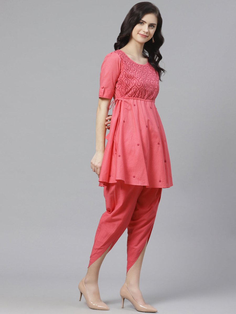 ADA Women Pink Chikankari Embroidered Sustainable Kurti with Dhoti Pants - Distacart