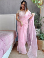 Thumbnail for Anouk Pink Floral Embroidered Organza Saree - Distacart