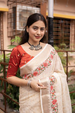 Thumbnail for White Pure Linen Woven Design Saree with Unstitched Blouse - Hiral Fashion - Distacart