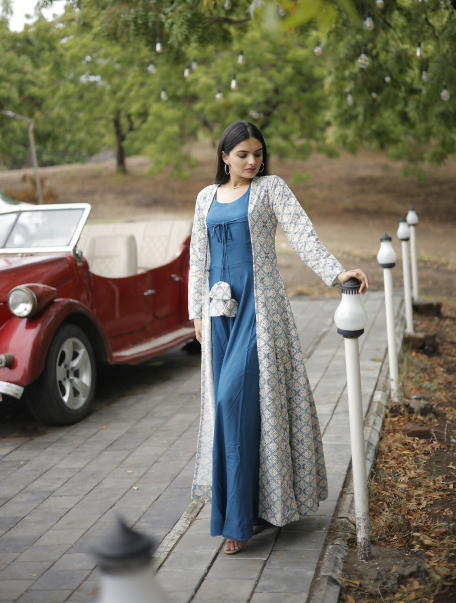 Aastha Fashion Women's Blue Designer Rayon Gown with Crochet Embroidery Work Shrug - Distacart