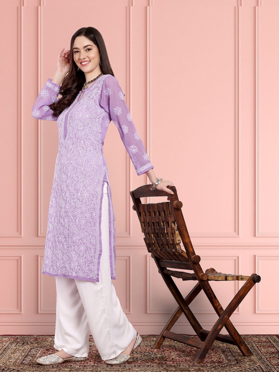 ADA Women Purple & White Ethnic Motifs Embroidered Chikankari Georgette Kurta - Distacart