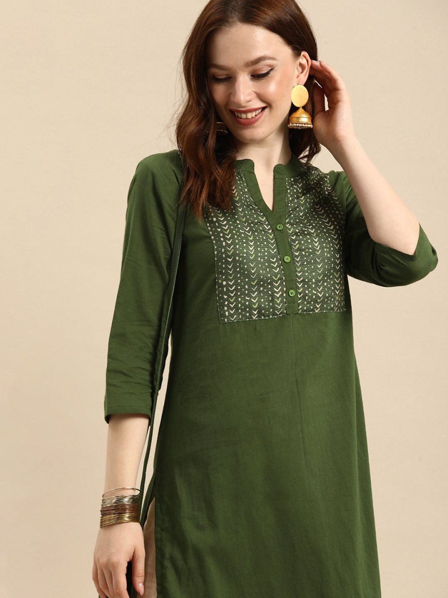 All About You Women Olive Green Geometric Yoke Design Pure Cotton Kurta - Distacart