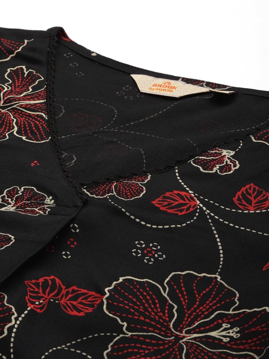Anouk Women Floral Printed V Neck A-Line Kurta With Lace Detailing - Distacart