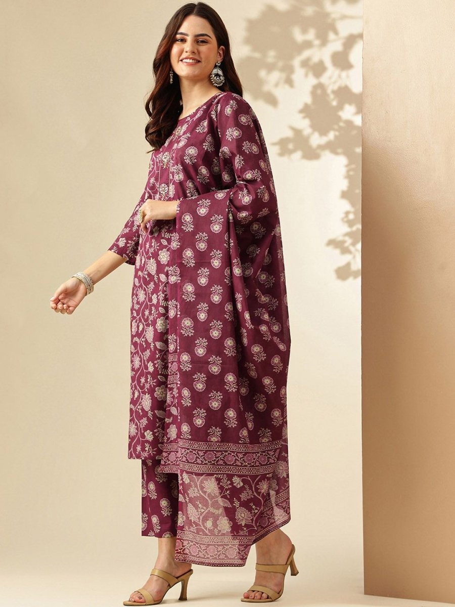 Anouk Floral Printed Regular Pure Cotton Kurta With Trousers & Dupatta
