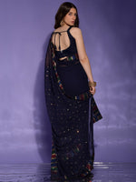 Thumbnail for Anouk Navy Blue & Gold-Toned Floral Sequinned Pure Georgette Saree - Distacart