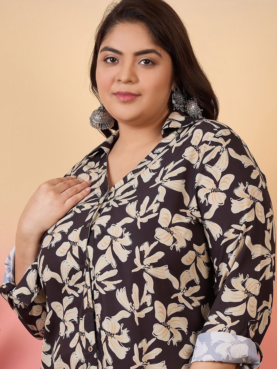 Sztori Plus Size Floral Printed Shirt Collar Roll-Up Sleeves Crepe Pathani Kurta - Distacart