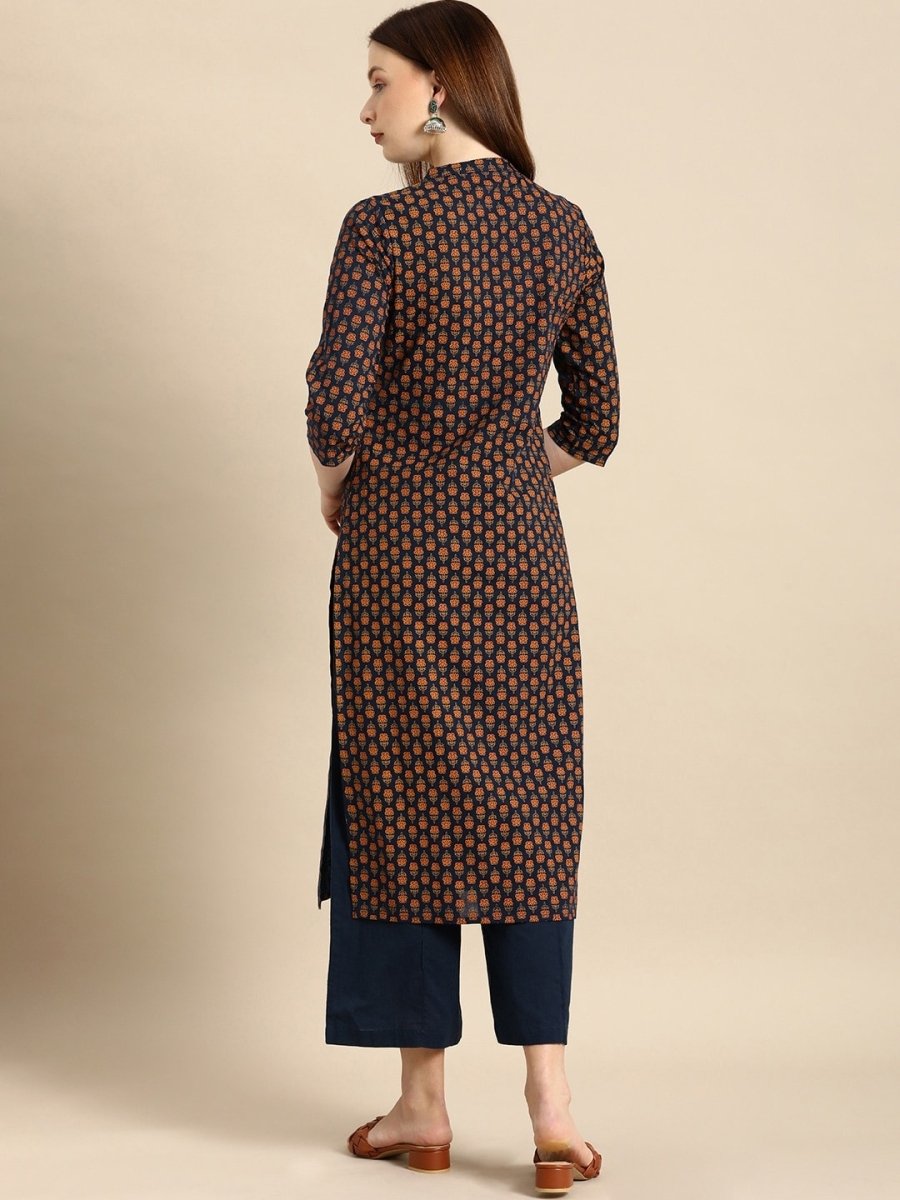All About You Women Navy Blue & Gold-Toned Ethnic Motifs Printed Regular Kurta - Distacart