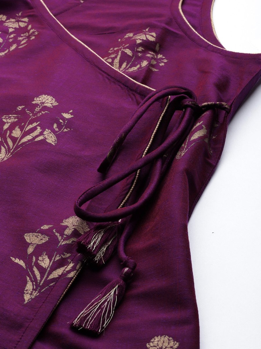 All About You Women Purple Ethnic Motifs Foil Printed Angrakha Kurta Set - Distacart