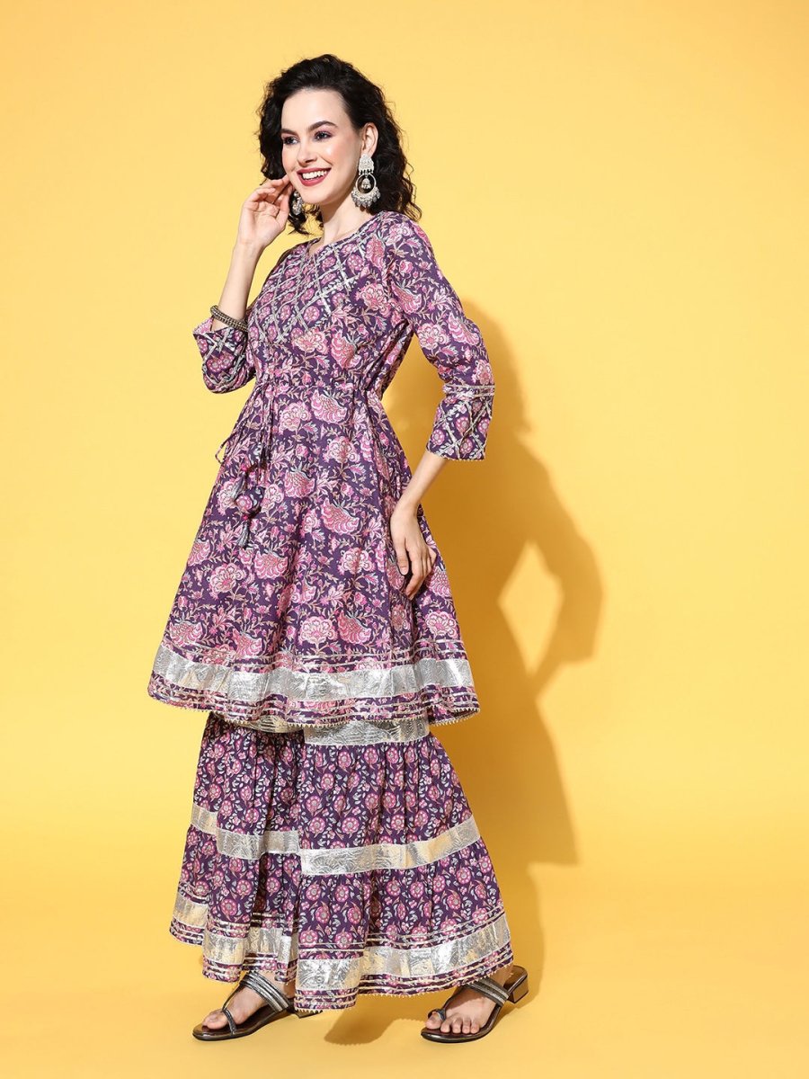 All About You Women Purple Floral Printed Regular Gotta Patti Pure Cotton Kurta with Sharara - Distacart
