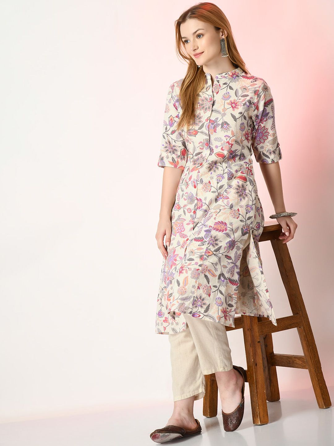 Sangria Off White Floral Printed Mandarin Collar Cotton A-Line Kurta
