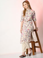 Thumbnail for Sangria Off White Floral Printed Mandarin Collar Cotton A-Line Kurta