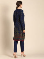 Thumbnail for All About You Women Navy Blue Floral Printed Regular Long Sleeves Kurta with Trousers - Distacart