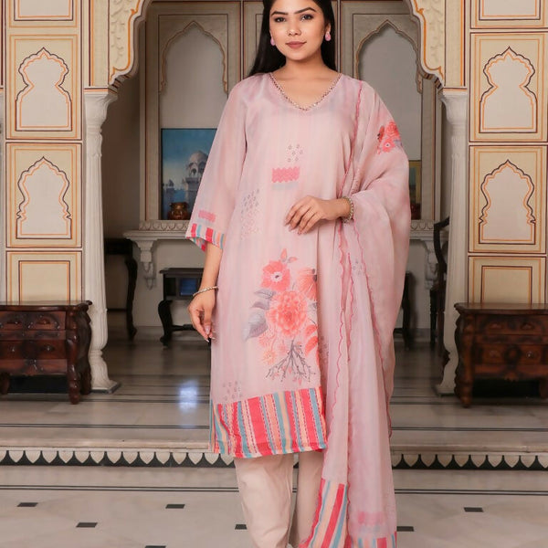 Vaasva Women Beige Tabby Slik Print & Embroidered Kurta, Pant & Dupatta set - Distacart