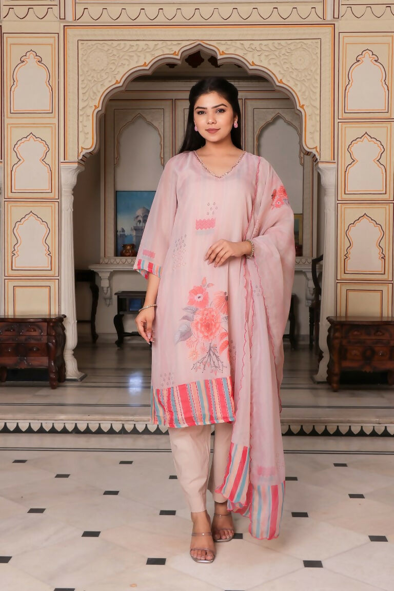 Vaasva Women Beige Tabby Slik Print & Embroidered Kurta, Pant & Dupatta set - Distacart