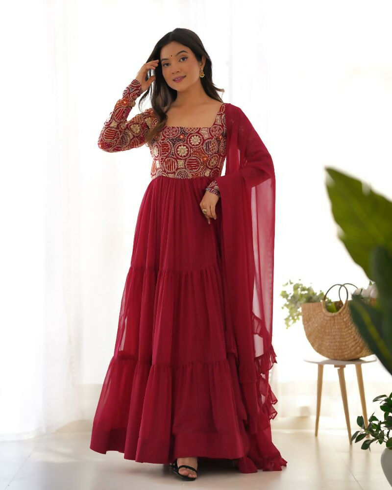 Teeya Creation Maroon Color Faux Georgette Heavy Multi Thread Work Functional Wear Gown - Distacart