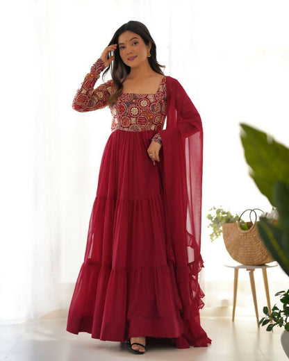 Teeya Creation Maroon Color Faux Georgette Heavy Multi Thread Work Functional Wear Gown - Distacart