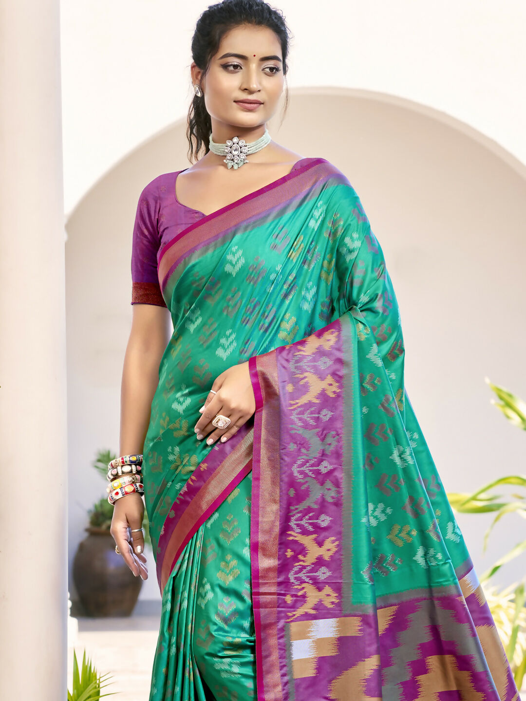 Astita Pochampalli Silk Rama Green Saree