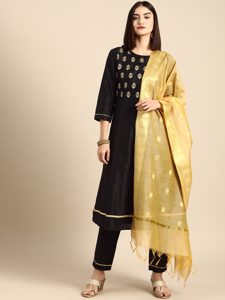 All About You Women Black Printed Regular Kurta with Trousers & With Dupatta - Distacart