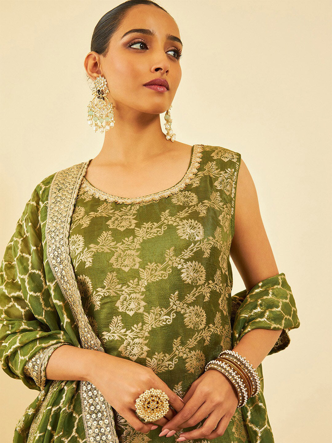 Soch Women Ethnic Motifs Woven Design Straight Sequinned Kurta with Trousers & Dupatta - Distacart