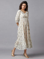 Thumbnail for AURELIA Off White & Gold-Toned Printed Ethnic Midi Fit & Flared Dress