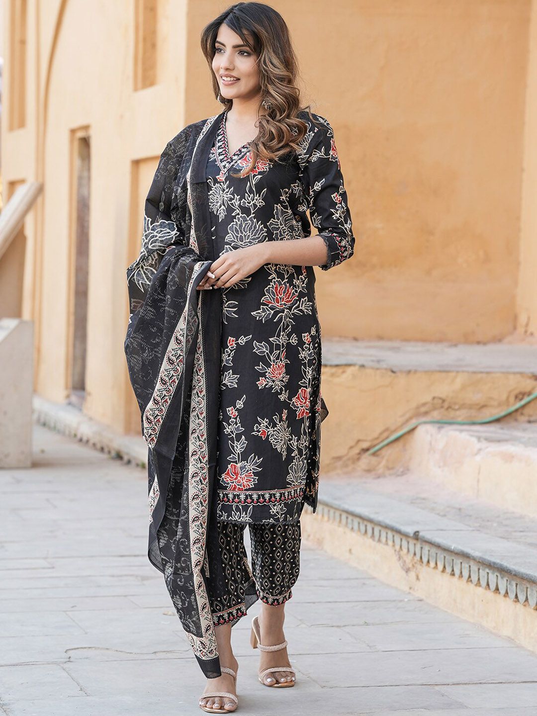 Kalini Women Floral Embroidered Regular Thread Work Pure Cotton Kurta with Trousers & With Dupatta - Distacart