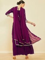 Thumbnail for Soch Ethnic Motifs Embroidered Sequinned High Slit Kurta With Palazzos & Dupatta - Distacart