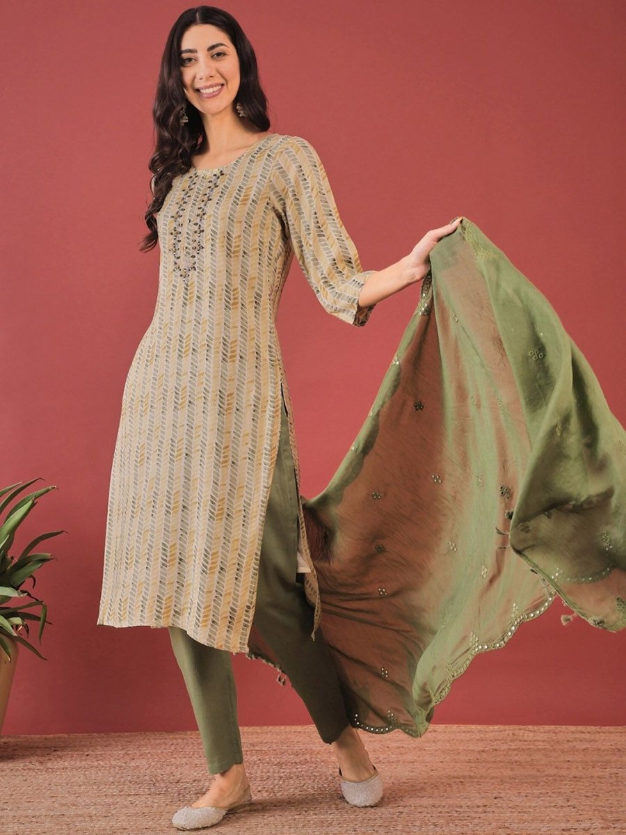 Anouk Ethnic Motifs Printed Round Neck Aari Work Kurta with Trousers & Dupatta