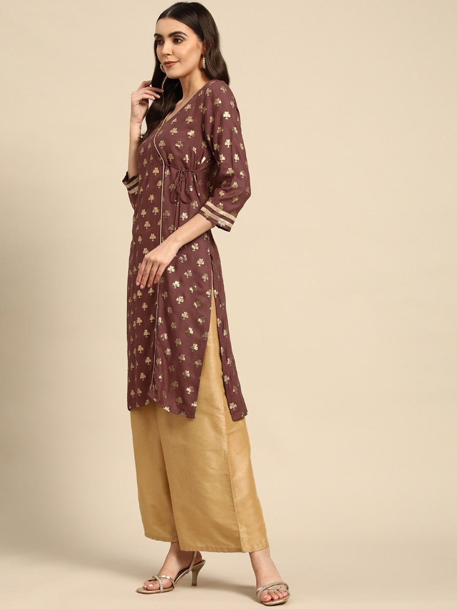 All About You Women Brown & Golden Ethnic Motifs Printed Gotta Patti Kurta - Distacart