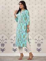 Thumbnail for Ode by House of Pataudi Floral Printed Mandarin Collar Pure Cotton Kurta - Distacart