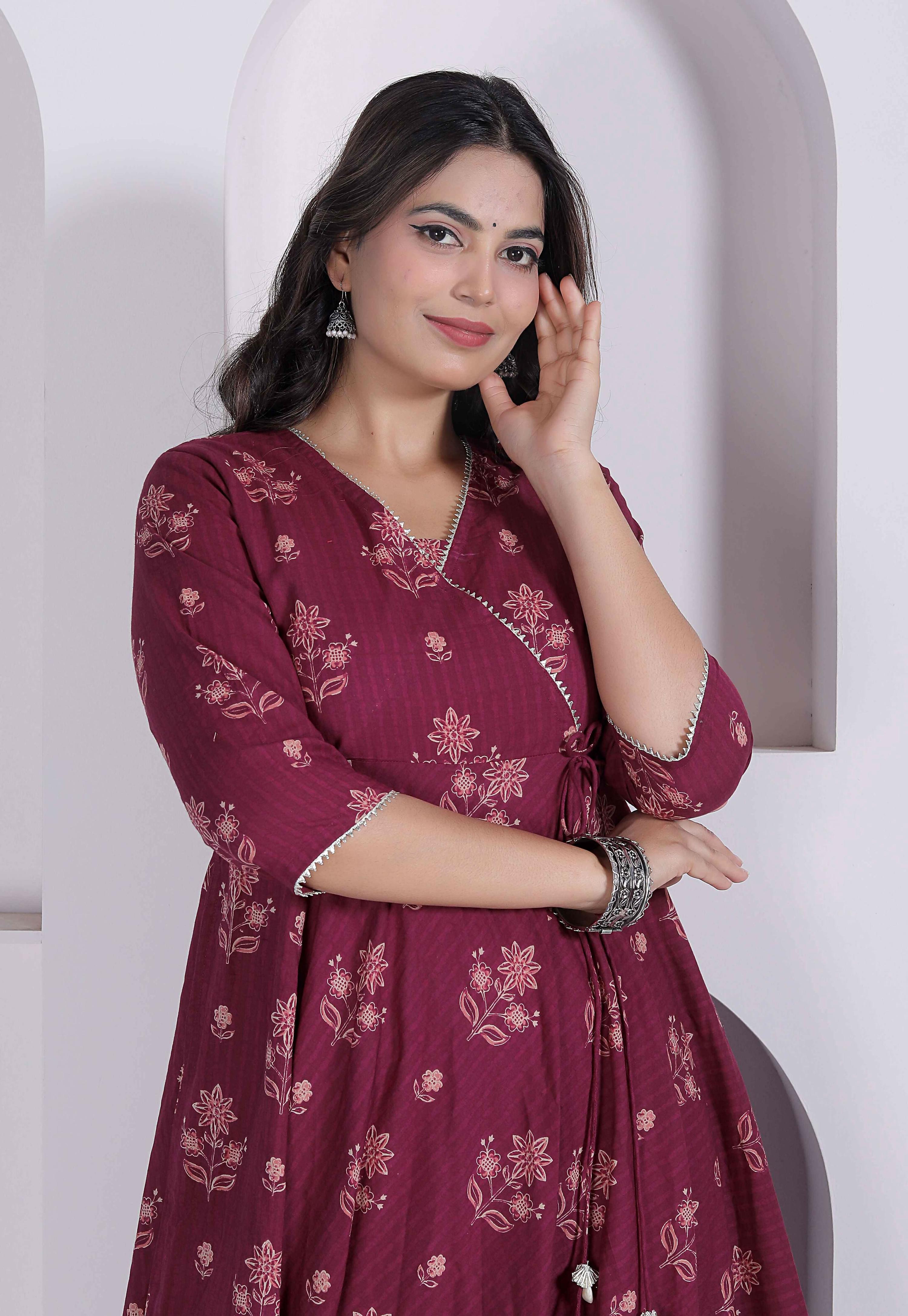 Miravan Womens Maroon Floral Printed Angrakha Style Kurta - Dista