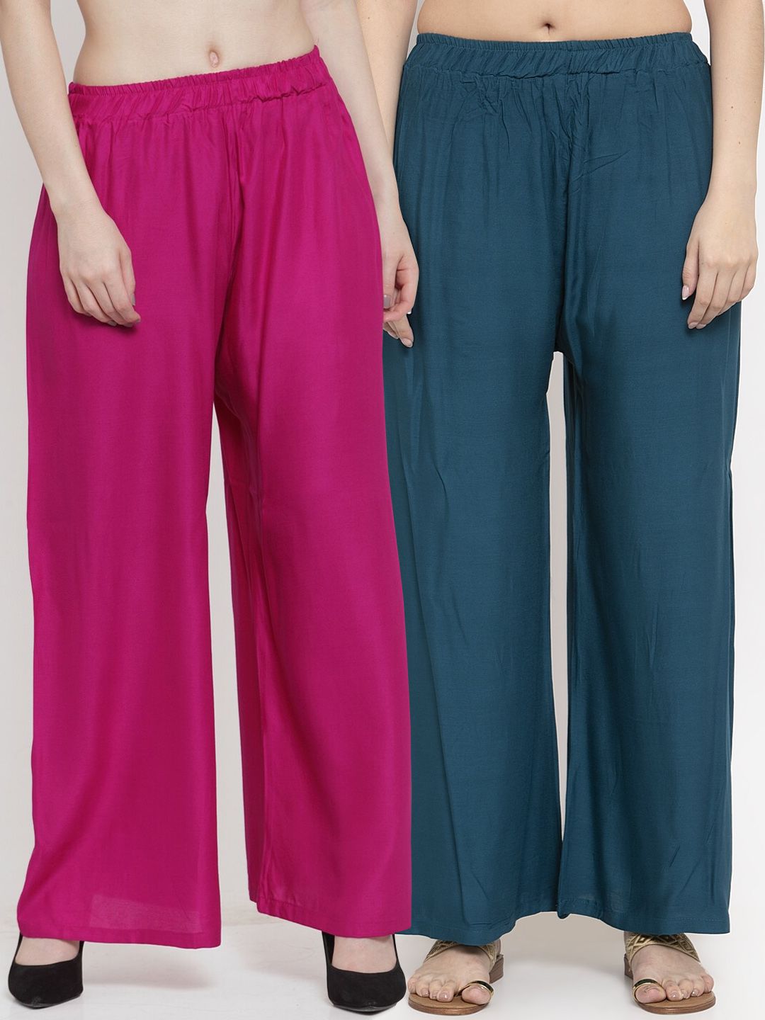 TAG 7 Women Set Of 2 Blue & Magenta Solid Straight Palazzos - Distacart