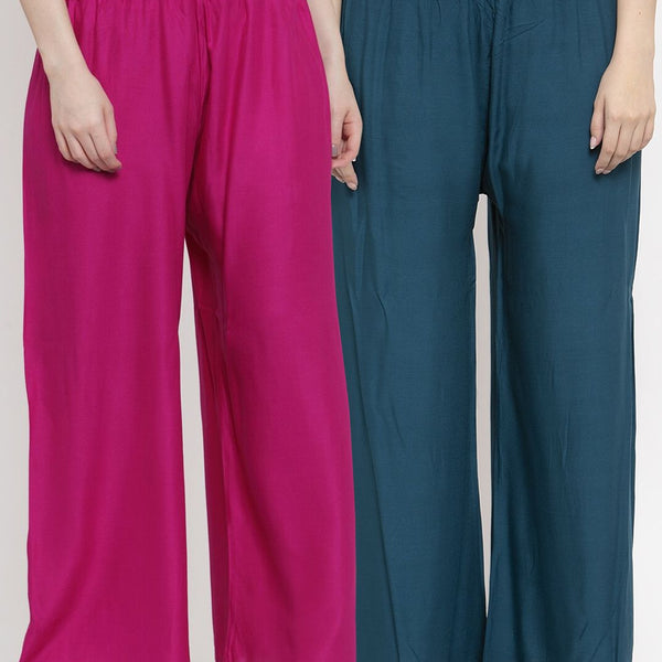 TAG 7 Women Set Of 2 Blue & Magenta Solid Straight Palazzos - Distacart