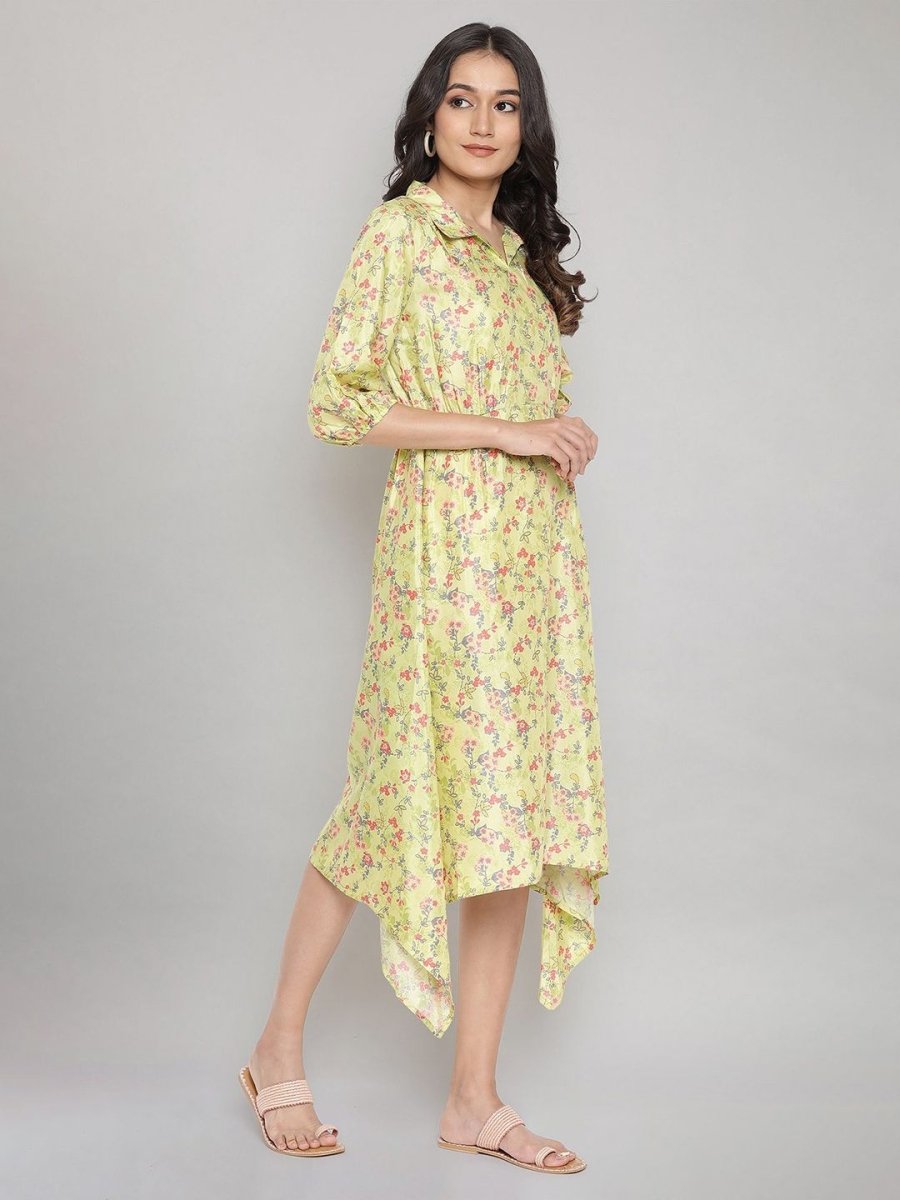 AURELIA Green Floral Printed Asymmetric Midi Shirt Dress