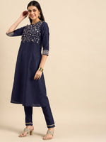 Thumbnail for All About You Women Navy Blue Embroidered Kurta with Trousers & With Dupatta - Distacart