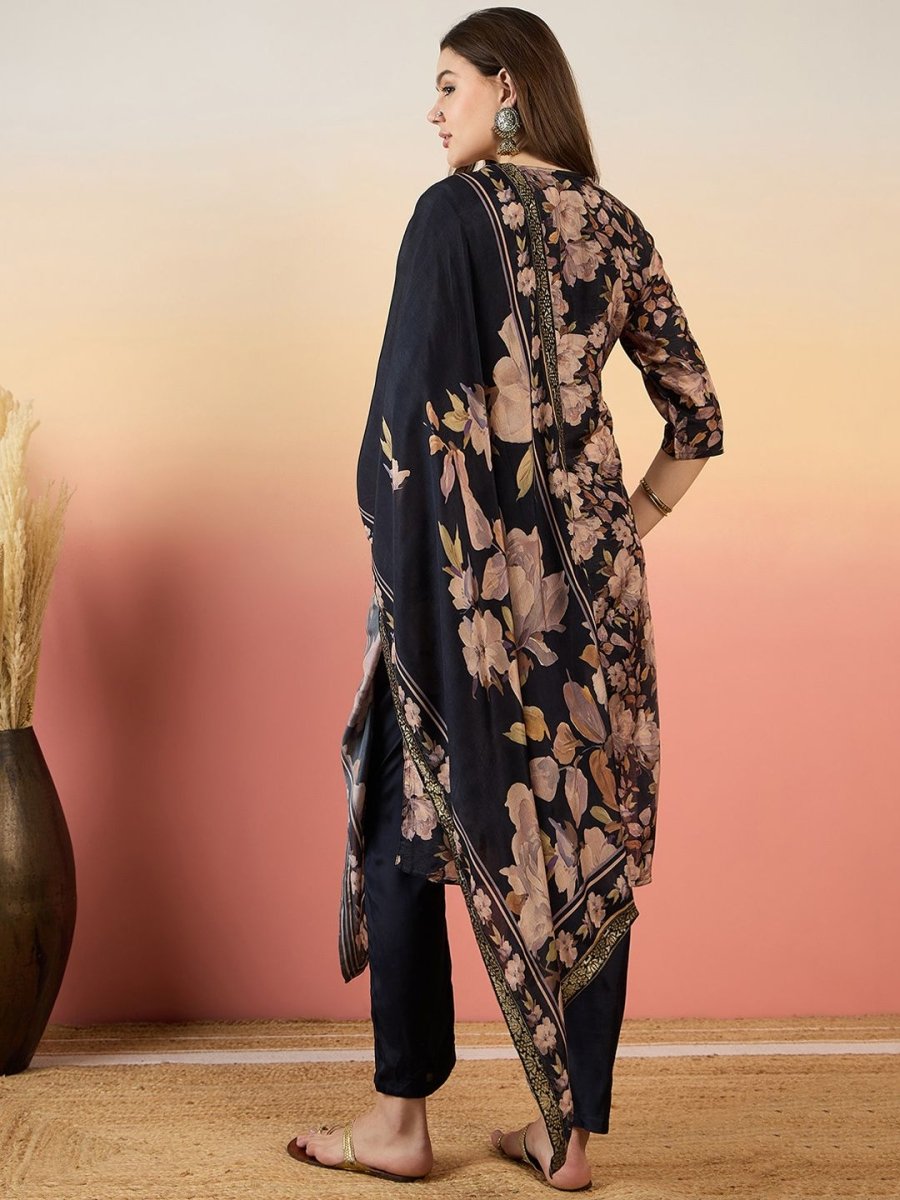 Anouk Floral Embroidered Straight Zari Pure Silk Kurta with Trousers & Dupatta