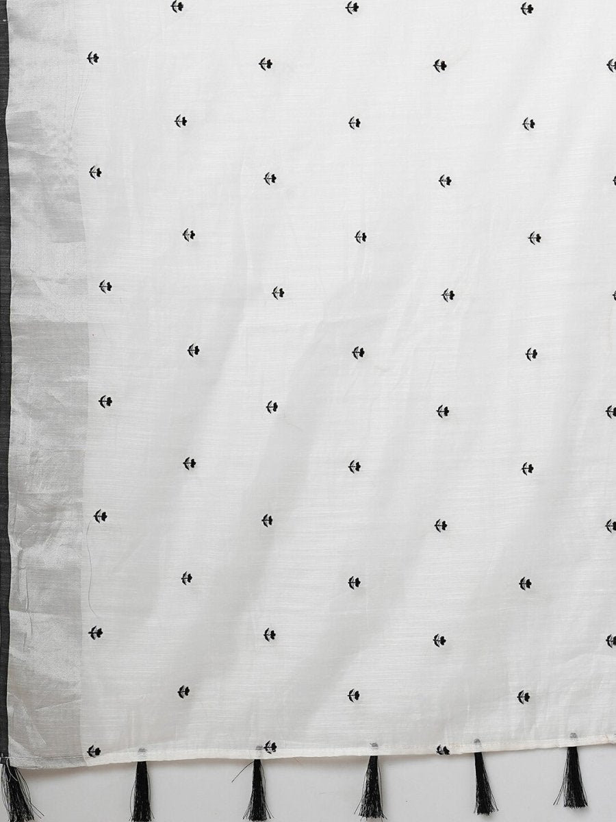 Anouk White & Black Floral Printed Zari Silk Cotton Saree - Distacart