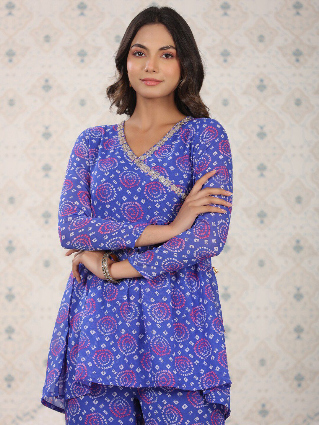 Ode by House of Pataudi Bandhani Printed Angrakha Gotta Patti Kurti with Sharara - Distacart
