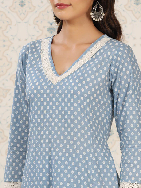 Ode by House of Pataudi Floral Printed Pure Cotton A-Line Kurta & Trousers With Dupatta - Distacart