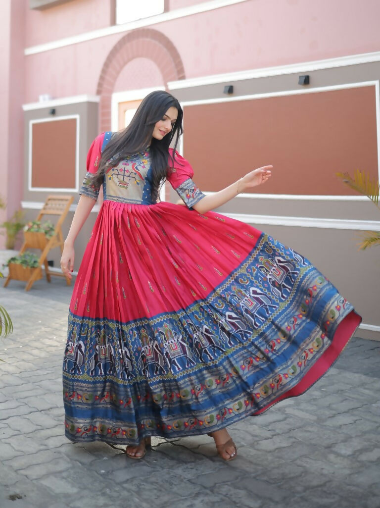 Jyoti Fashion Women's Rani Pink Patola with Foil Print Dola Silk Anarkali Dress - Distacart