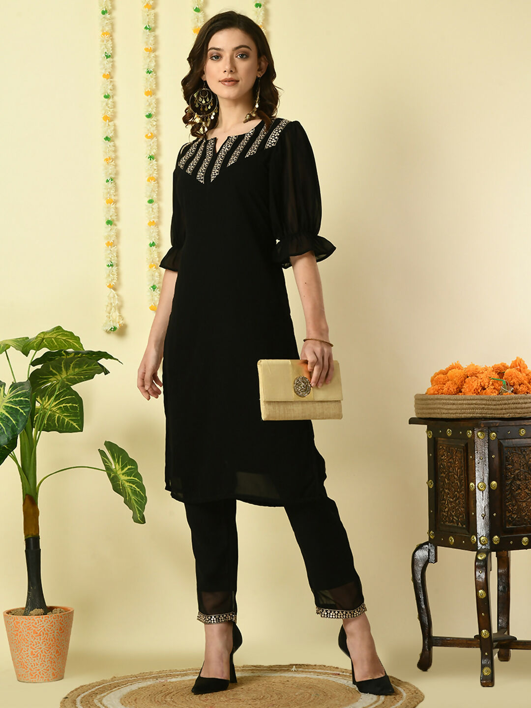 Myshka Women's Black Georgette Kurta With Trousers Party Sets - Distacart