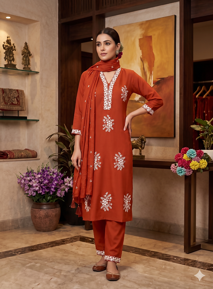 Teeya Creation Vibrant Orange Embroidered Kurti with Pant and Dupatta Set - Dista