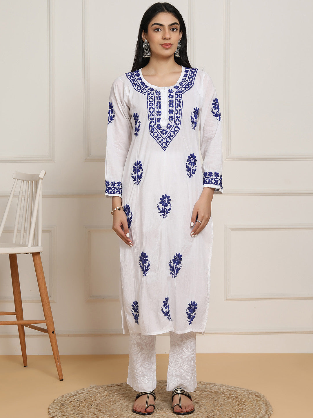 HOUSE OF KARI Women Ethnic Motifs Embroidered Regular Chikankari Pure Cotton Kurta with Trousers - Distacart