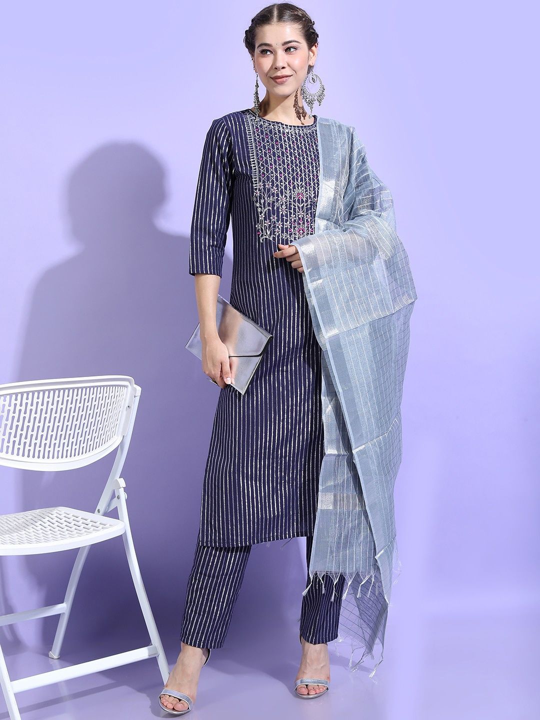 Vishudh Women Blue Striped Pure Cotton Kurta with Trousers & With Dupatta - Distacart