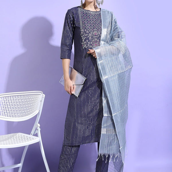 Vishudh Women Blue Striped Pure Cotton Kurta with Trousers & With Dupatta - Distacart